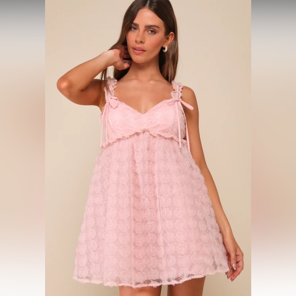 Lulus Pretty Sweetheart Pink Tulle Applique Bow Babydoll Mini Dress